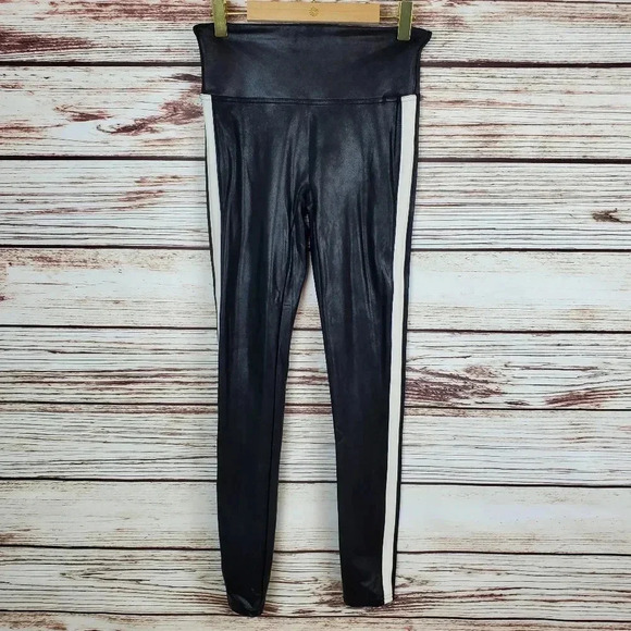 Spanx Size Small Faux Leather Side Stripe Leggings Black w/ White Stripe - Picture 2 of 12